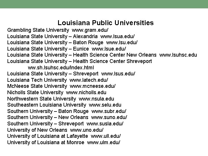 Louisiana Public Universities Grambling State University www. gram. edu/ Louisiana State University – Alexandria