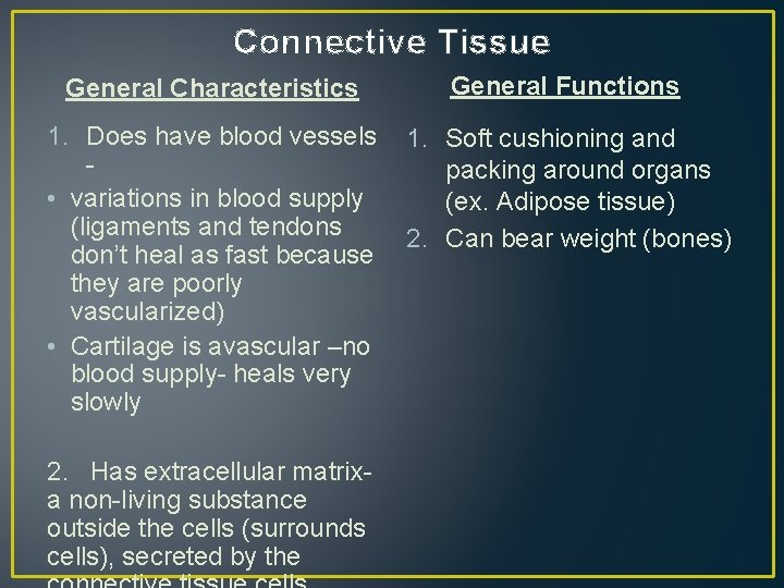 Connective Tissue General Characteristics General Functions 1. Does have blood vessels • variations in