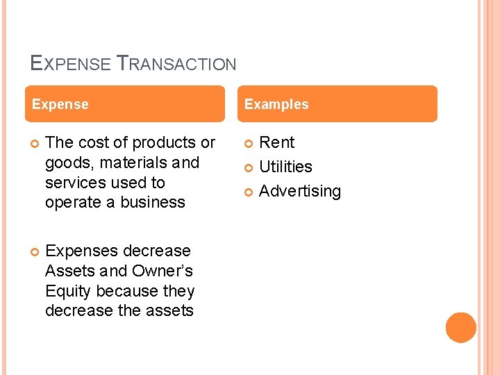 EXPENSE TRANSACTION Expense The cost of products or goods, materials and services used to EXPENSE TRANSACTION Expense The cost of products or goods, materials and services used to