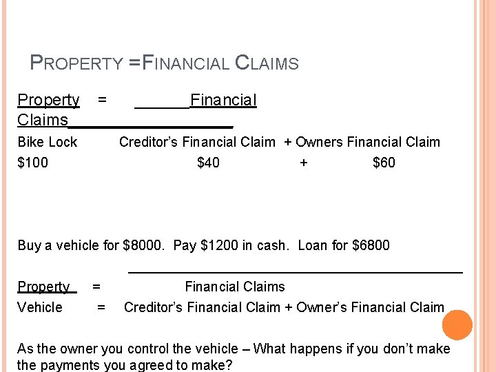 PROPERTY = FINANCIAL CLAIMS Property = ______Financial Claims_________ Bike Lock $100 Creditor’s Financial Claim PROPERTY = FINANCIAL CLAIMS Property = ______Financial Claims_________ Bike Lock $100 Creditor’s Financial Claim