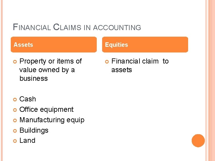 FINANCIAL CLAIMS IN ACCOUNTING Assets Property or items of value owned by a business FINANCIAL CLAIMS IN ACCOUNTING Assets Property or items of value owned by a business