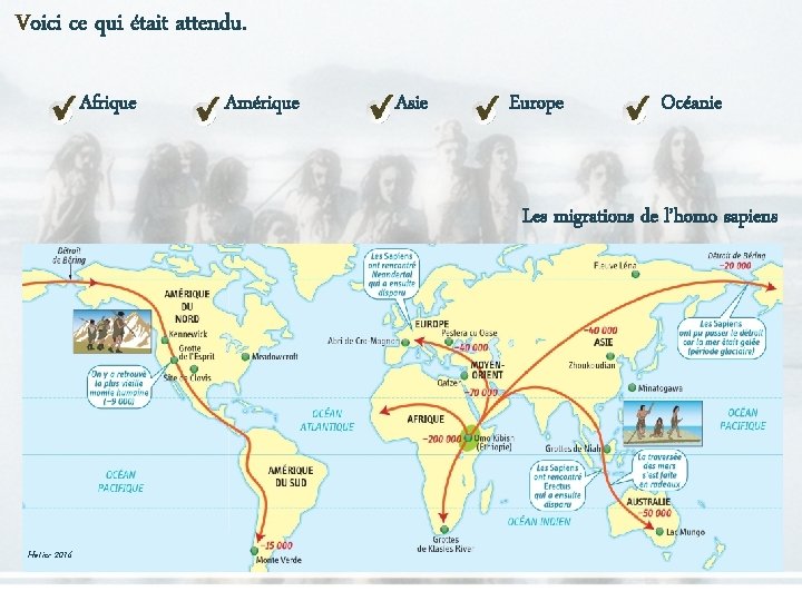 Voici ce qui était attendu. Afrique Amérique Asie Europe Océanie Les migrations de l’homo Voici ce qui était attendu. Afrique Amérique Asie Europe Océanie Les migrations de l’homo