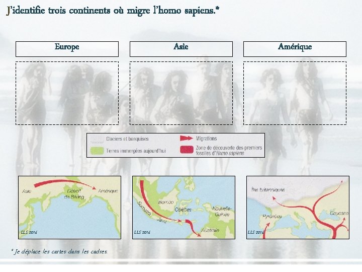 J’identifie trois continents où migre l’homo sapiens. * Europe LLS 2016 * Je déplace J’identifie trois continents où migre l’homo sapiens. * Europe LLS 2016 * Je déplace