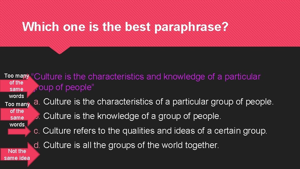 Which one is the best paraphrase? Too many “Culture is the characteristics and knowledge