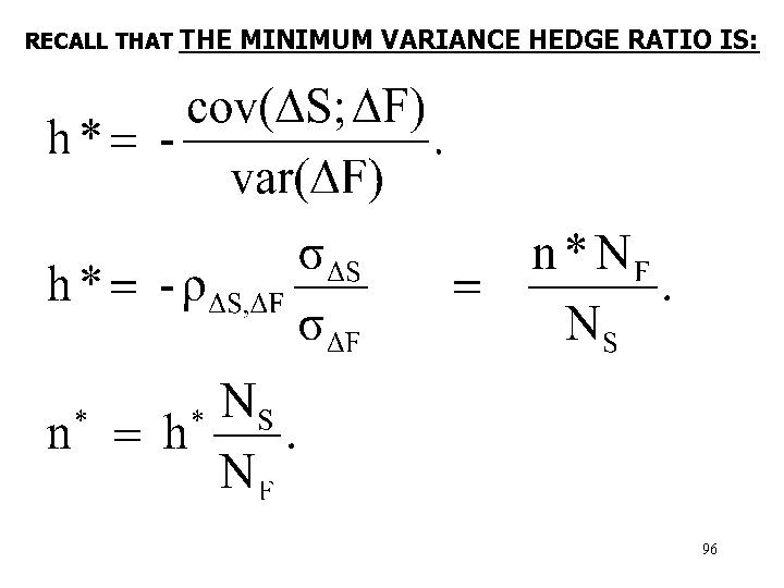 RECALL THAT THE MINIMUM VARIANCE HEDGE RATIO IS: 96 