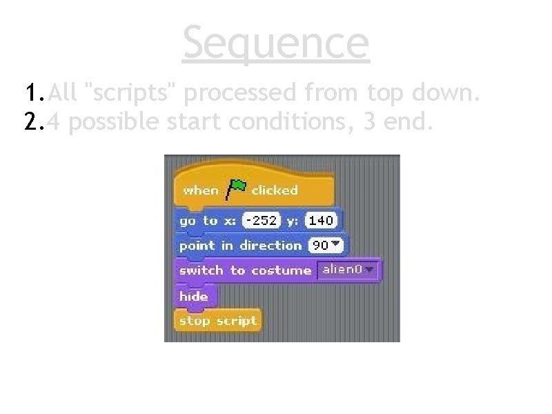 Sequence 1. All "scripts" processed from top down. 2. 4 possible start conditions, 3