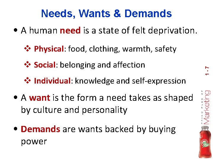 Needs, Wants & Demands • A human need is a state of felt deprivation.