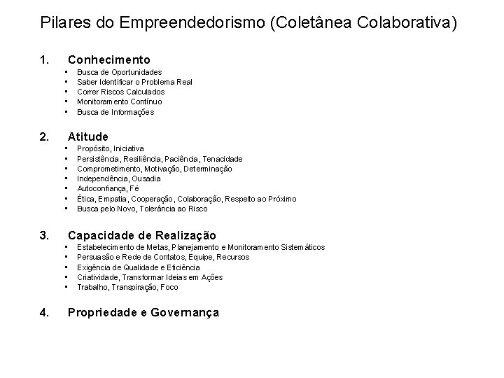 Pilares do Empreendedorismo (Coletânea Colaborativa) 1. Conhecimento • • • 2. Atitude • •