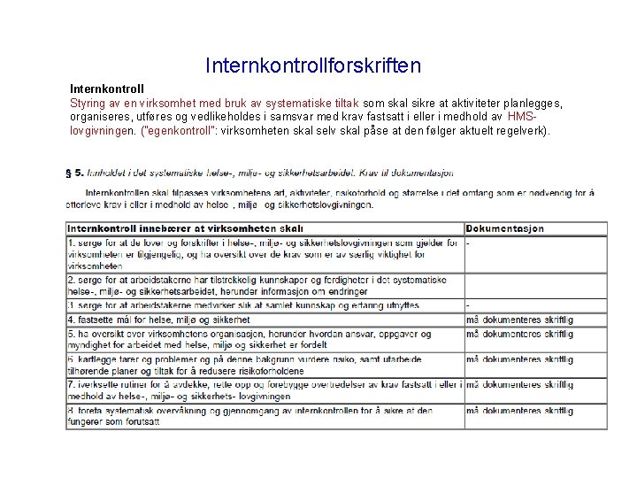 Internkontrollforskriften Internkontroll Styring av en virksomhet med bruk av systematiske tiltak som skal sikre