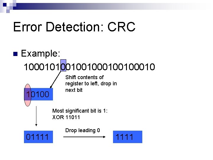 Error Detection: CRC n Example: 100010100100100010 10100 Shift contents of register to left, drop Error Detection: CRC n Example: 100010100100100010 10100 Shift contents of register to left, drop