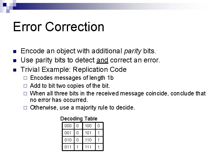 Error Correction n Encode an object with additional parity bits. Use parity bits to Error Correction n Encode an object with additional parity bits. Use parity bits to