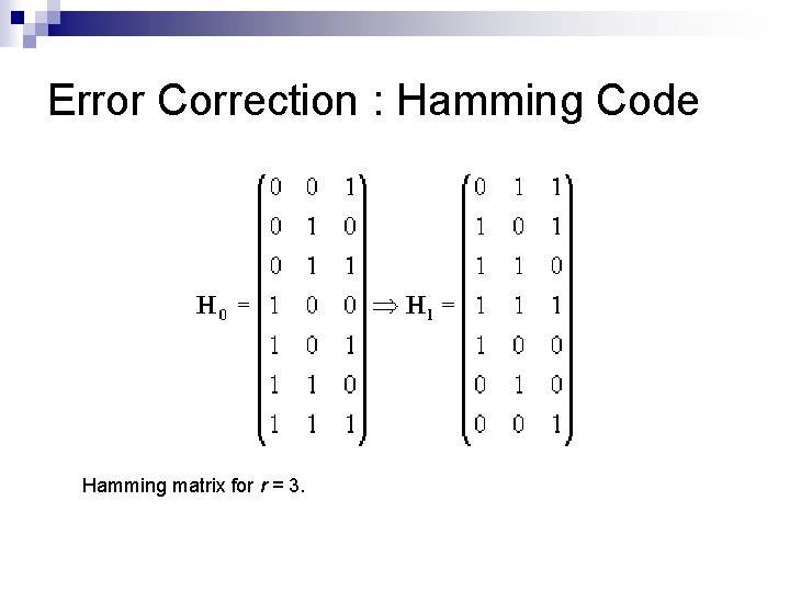 Error Correction : Hamming Code Hamming matrix for r = 3. Error Correction : Hamming Code Hamming matrix for r = 3.