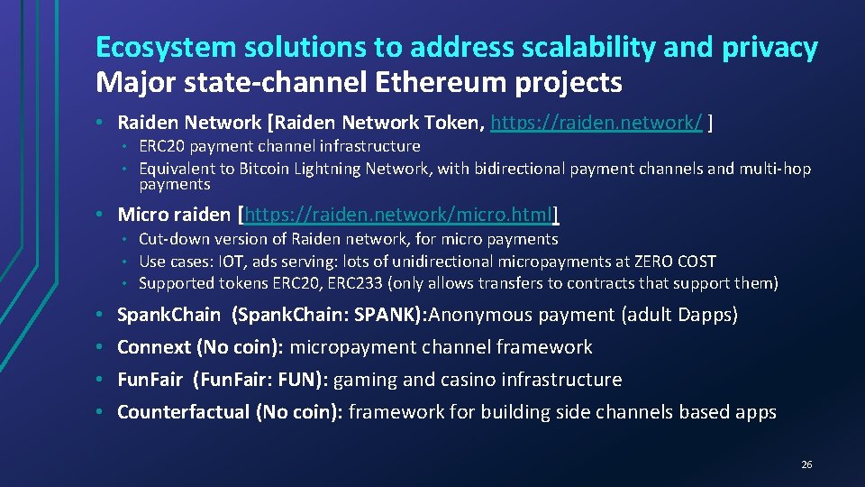 Ecosystem solutions to address scalability and privacy Major state-channel Ethereum projects • Raiden Network