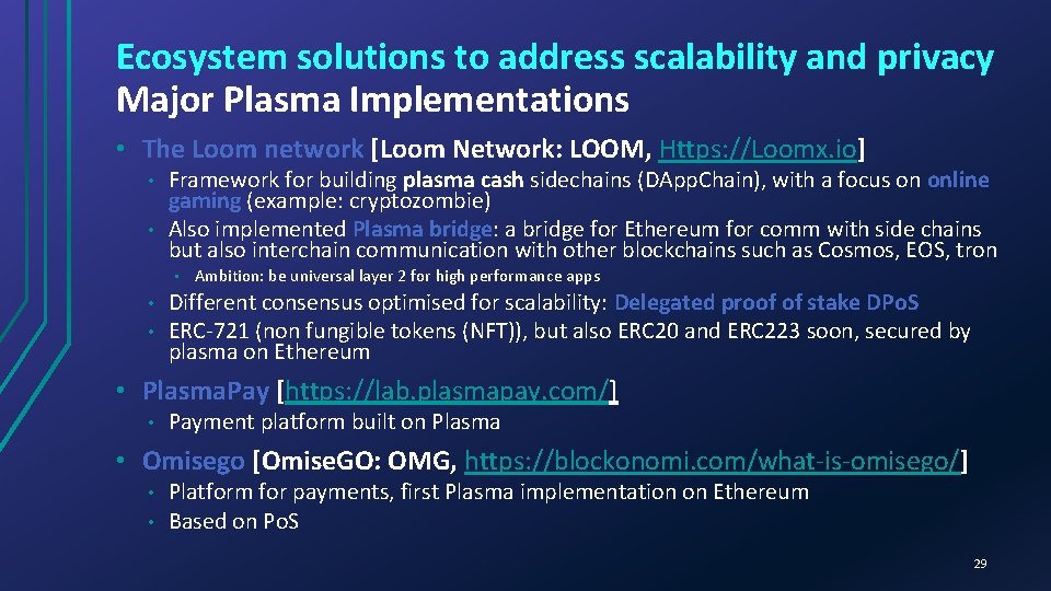 Ecosystem solutions to address scalability and privacy Major Plasma Implementations • The Loom network