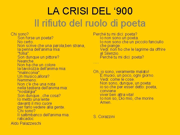 LA CRISI DEL ‘ 900 Il rifiuto del ruolo di poeta Chi sono? Son