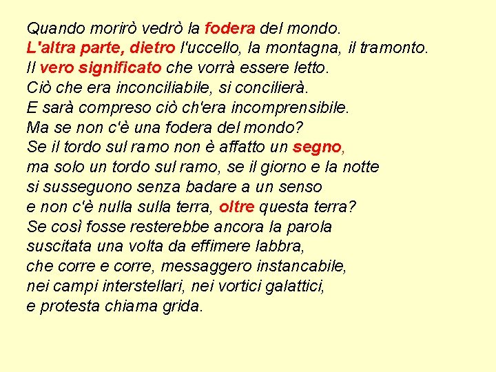 Quando morirò vedrò la fodera del mondo. L'altra parte, dietro l'uccello, la montagna, il