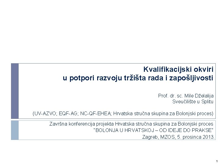 Kvalifikacijski okviri u potpori razvoju tržišta rada i zapošljivosti Prof. dr. sc. Mile Dželalija Kvalifikacijski okviri u potpori razvoju tržišta rada i zapošljivosti Prof. dr. sc. Mile Dželalija