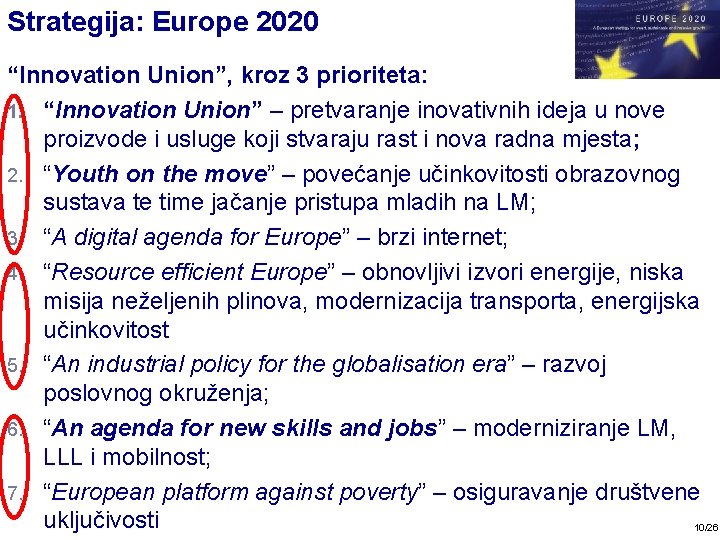 Strategija: Europe 2020 “Innovation Union”, kroz 3 prioriteta: 1. “Innovation Union” – pretvaranje inovativnih Strategija: Europe 2020 “Innovation Union”, kroz 3 prioriteta: 1. “Innovation Union” – pretvaranje inovativnih