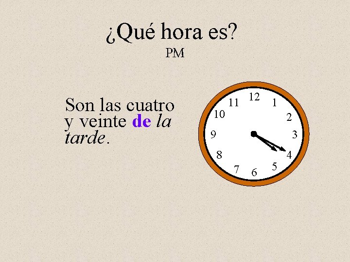 ¿Qué hora es? PM Son las cuatro y veinte de la tarde. 10 11