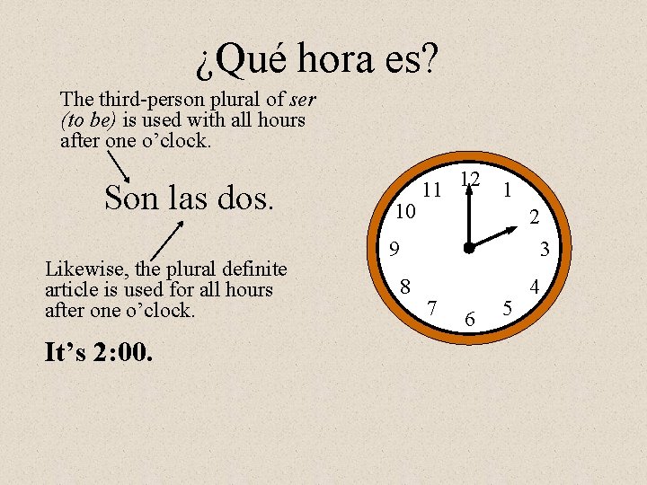 ¿Qué hora es? The third-person plural of ser (to be) is used with all