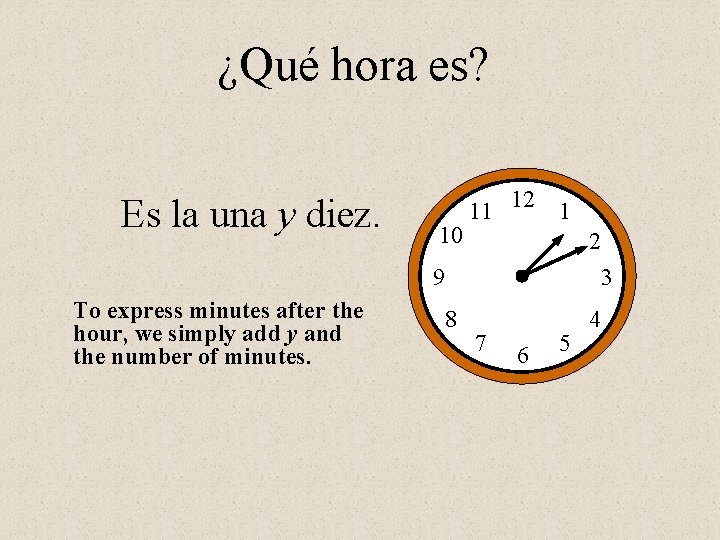 ¿Qué hora es? Es la una y diez. 10 11 12 1 2 9