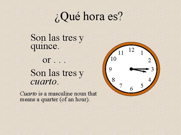 ¿Qué hora es? Son las tres y quince. or. . . Son las tres