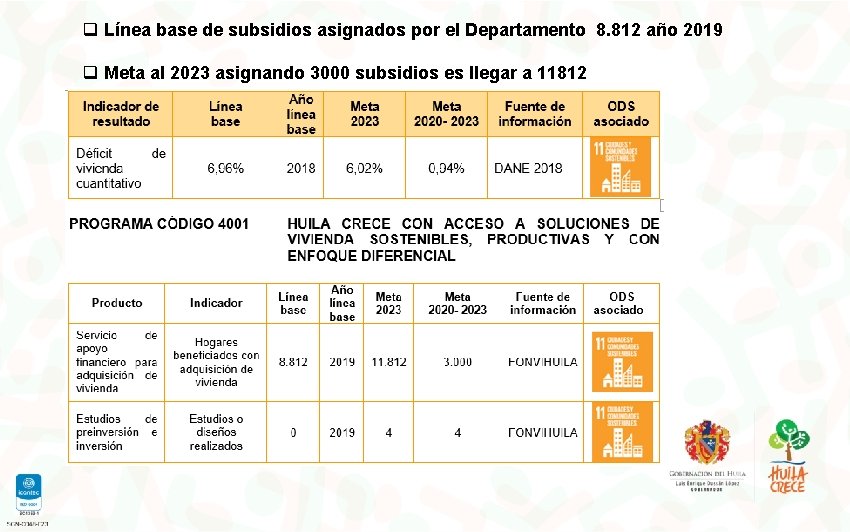 q Línea base de subsidios asignados por el Departamento 8. 812 año 2019 q