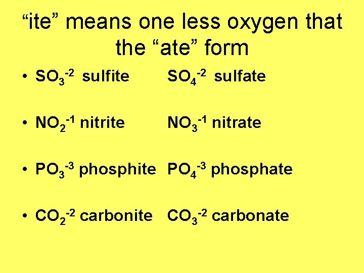 “ite” means one less oxygen that the “ate” form • SO 3 -2 sulfite “ite” means one less oxygen that the “ate” form • SO 3 -2 sulfite