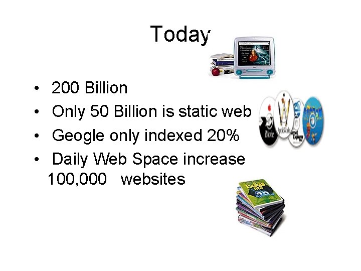 Today • • 200 Billion Only 50 Billion is static web Geogle only indexed