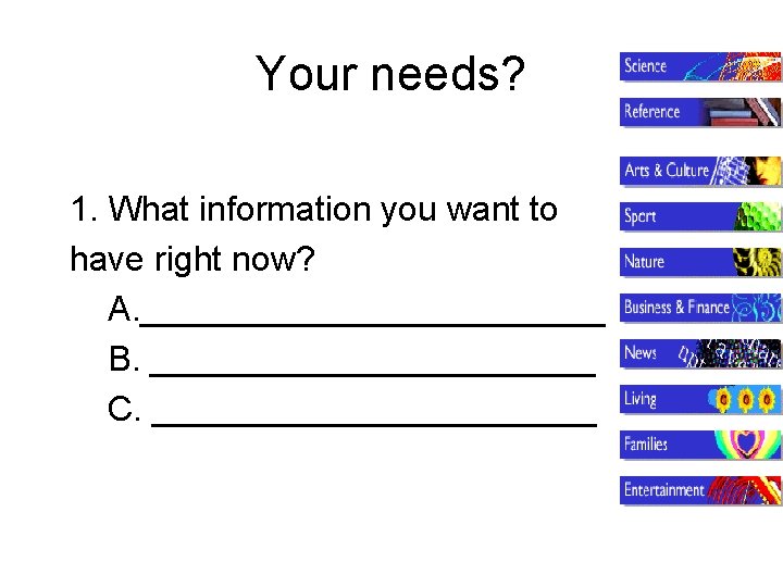 Your needs? 1. What information you want to have right now? A. ____________ B.