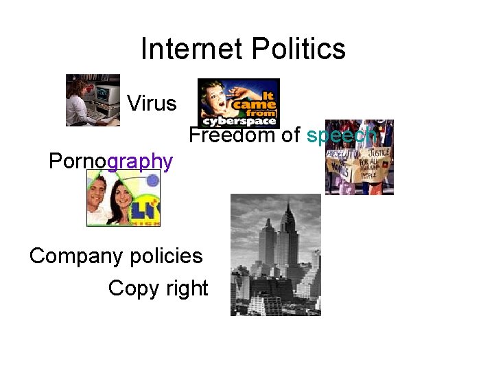 Internet Politics Virus Freedom of speech Pornography Company policies Copy right 
