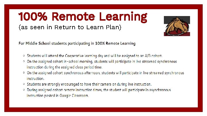 100% Remote Learning (as seen in Return to Learn Plan) 