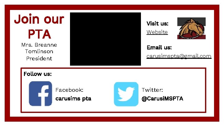 Join our PTA Mrs. Breanne Tomlinson President Visit us: Website Email us: carusimspta@gmail. com