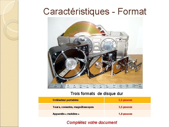 Caractéristiques - Format Trois formats de disque dur Ordinateur portables 2, 5 pouces Tours,