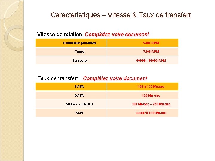 Caractéristiques – Vitesse & Taux de transfert Vitesse de rotation Complétez votre document Ordinateur