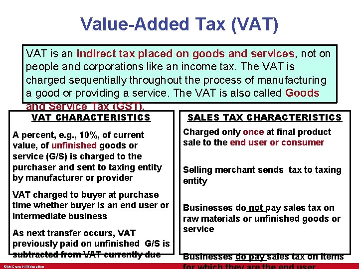 Value-Added Tax (VAT) VAT is an indirect tax placed on goods and services, not