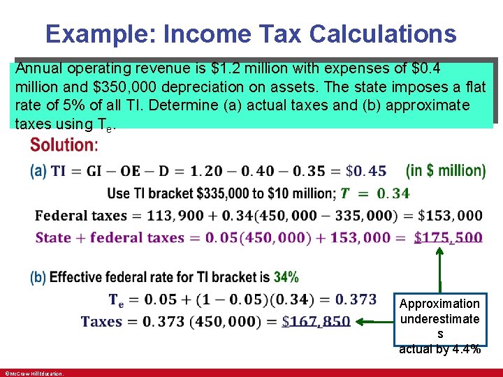 Example: Income Tax Calculations Annual operating revenue is $1. 2 million with expenses of