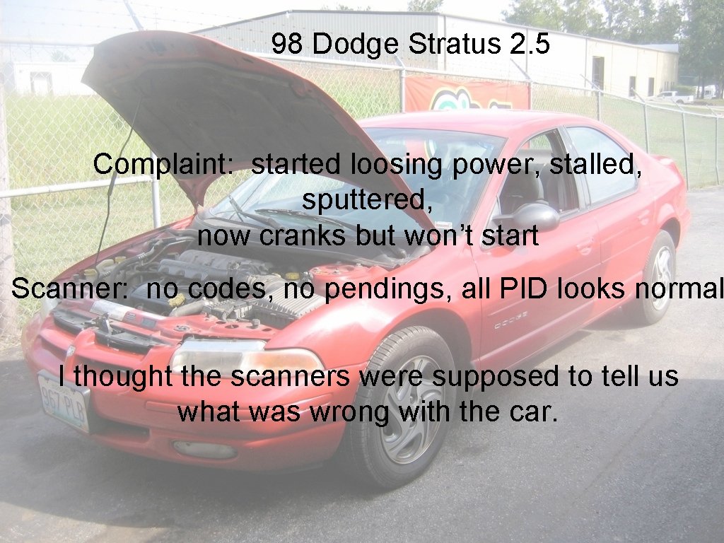98 Dodge Stratus 2. 5 Complaint: started loosing power, stalled, sputtered, now cranks but