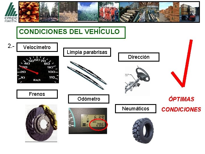 CONDICIONES DEL VEHÍCULO 2. - Velocímetro Frenos Limpia parabrisas Dirección Odómetro ÓPTIMAS Neumáticos CONDICIONES