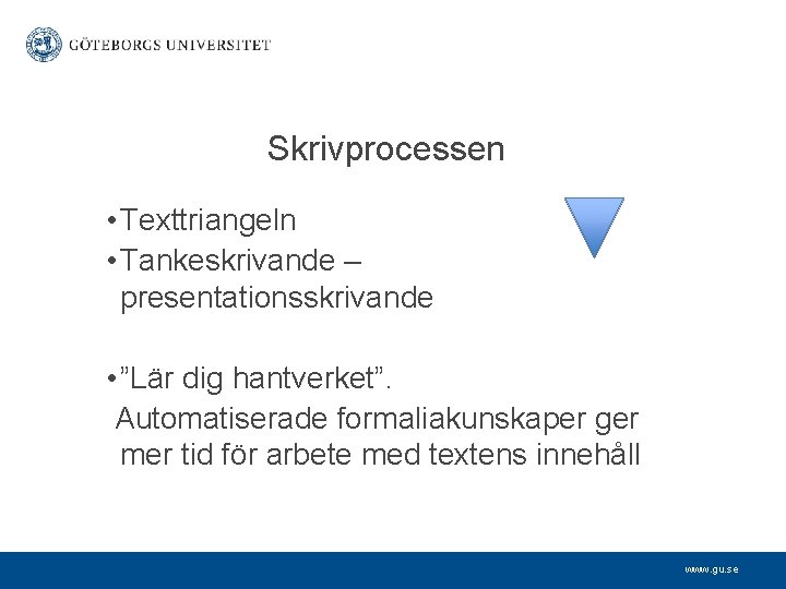 Skrivprocessen • Texttriangeln • Tankeskrivande – presentationsskrivande • ”Lär dig hantverket”. Automatiserade formaliakunskaper ger