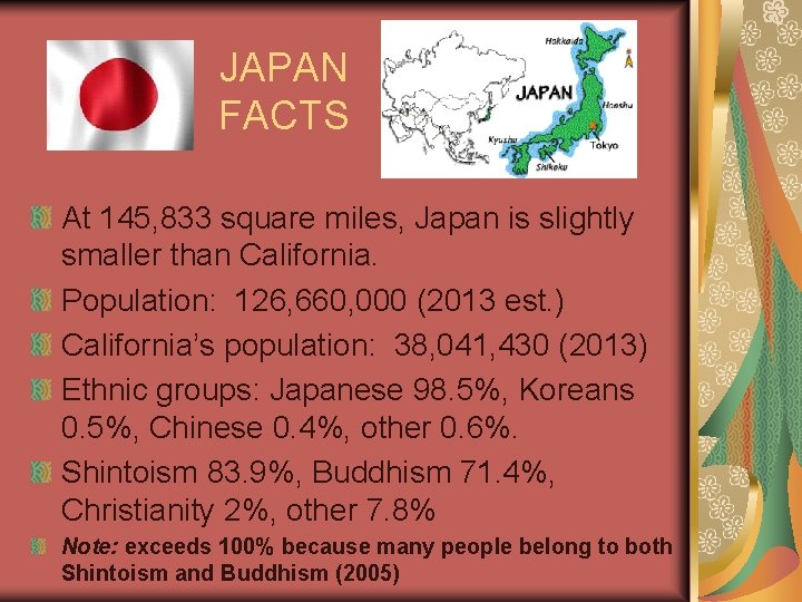 JAPAN FACTS At 145, 833 square miles, Japan is slightly smaller than California. Population: