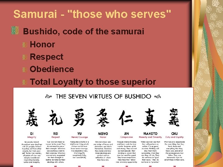 Samurai - "those who serves" Bushido, code of the samurai Honor Respect Obedience Total