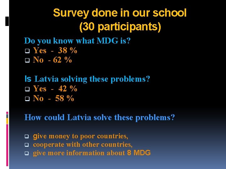 Survey done in our school (30 participants) Do you know what MDG is? q