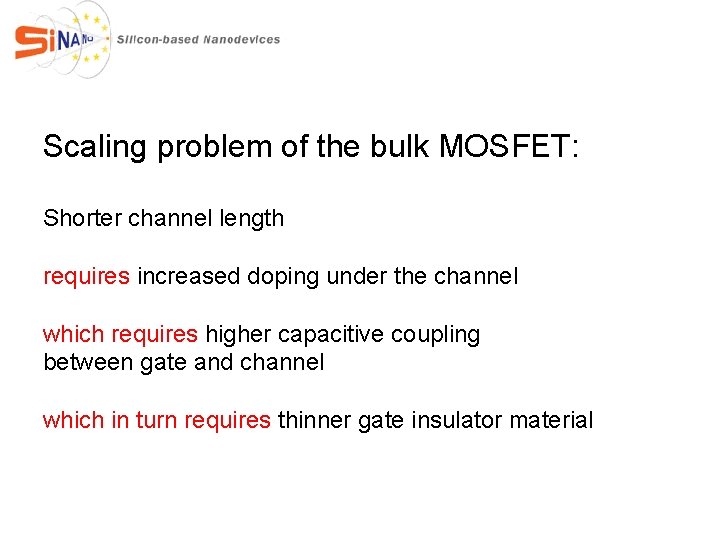 Scaling problem of the bulk MOSFET: Shorter channel length requires increased doping under the