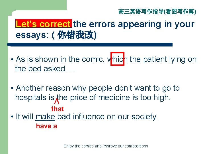 高三英语写作指导(看图写作篇) Let’s correct the errors appearing in your essays: ( 你错我改) � • As