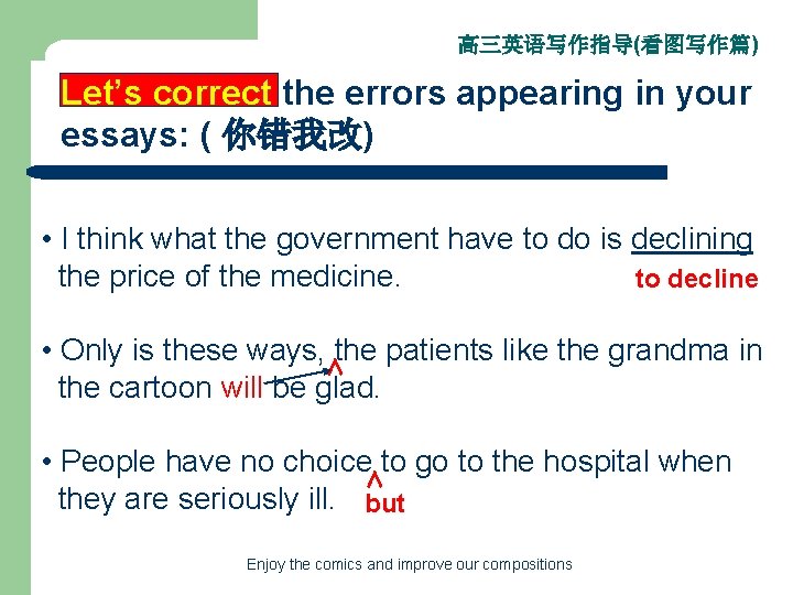 高三英语写作指导(看图写作篇) Let’s correct the errors appearing in your essays: ( 你错我改) • I think