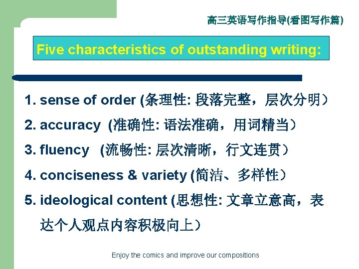 高三英语写作指导(看图写作篇) Five characteristics of outstanding writing: 1. sense of order (条理性: 段落完整，层次分明） 2. accuracy