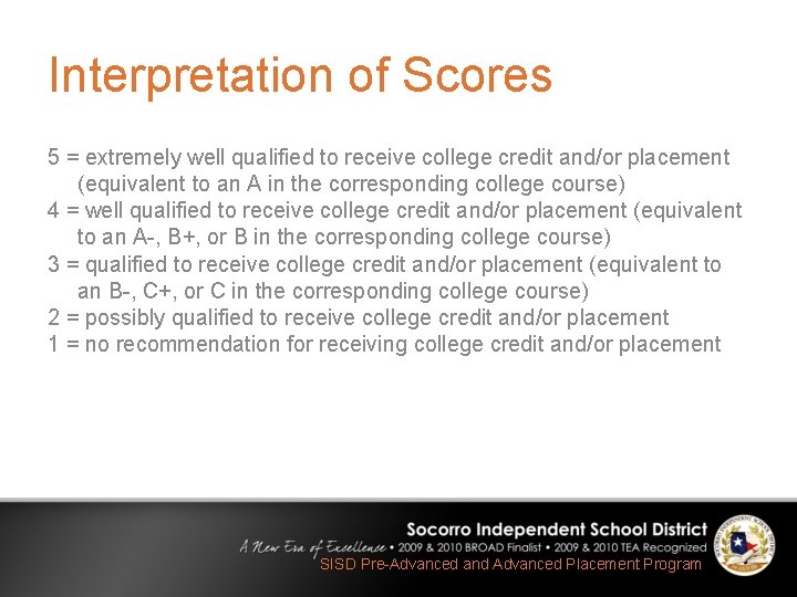 Interpretation of Scores 5 = extremely well qualified to receive college credit and/or placement