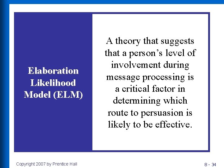 Elaboration Likelihood Model (ELM) Copyright 2007 by Prentice Hall A theory that suggests that