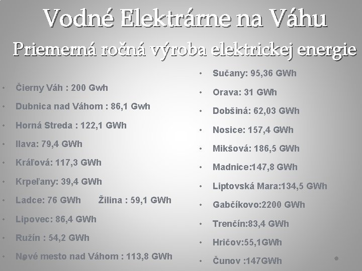 Vodné Elektrárne na Váhu Priemerná ročná výroba elektrickej energie • Sučany: 95, 36 GWh